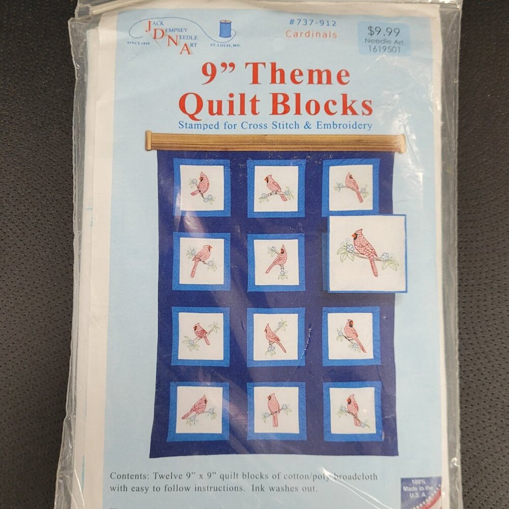 Jack Dempsey Cardinal Birds 9" Stamped Quilt Blocks for Embroidery